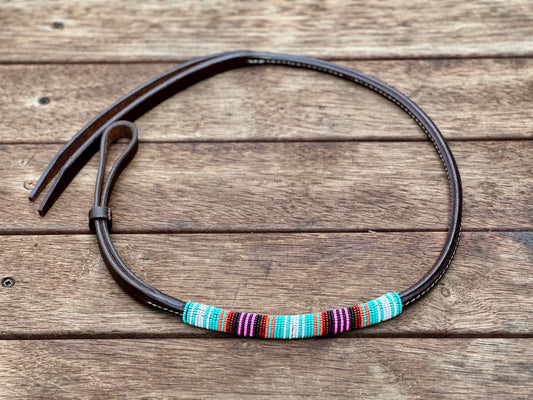 Seconds // Dustybutts Beaded Rolled Harness Leather Quirt / Turquoise Serape