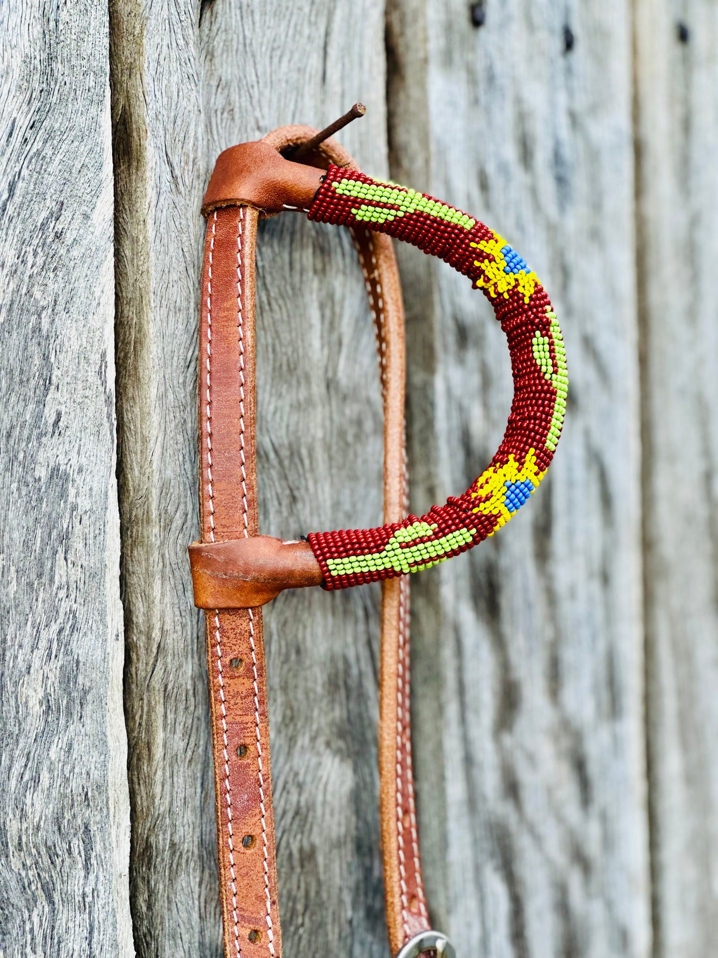 Harness Leather One Eared Beaded Bridle With Cactus Inlay