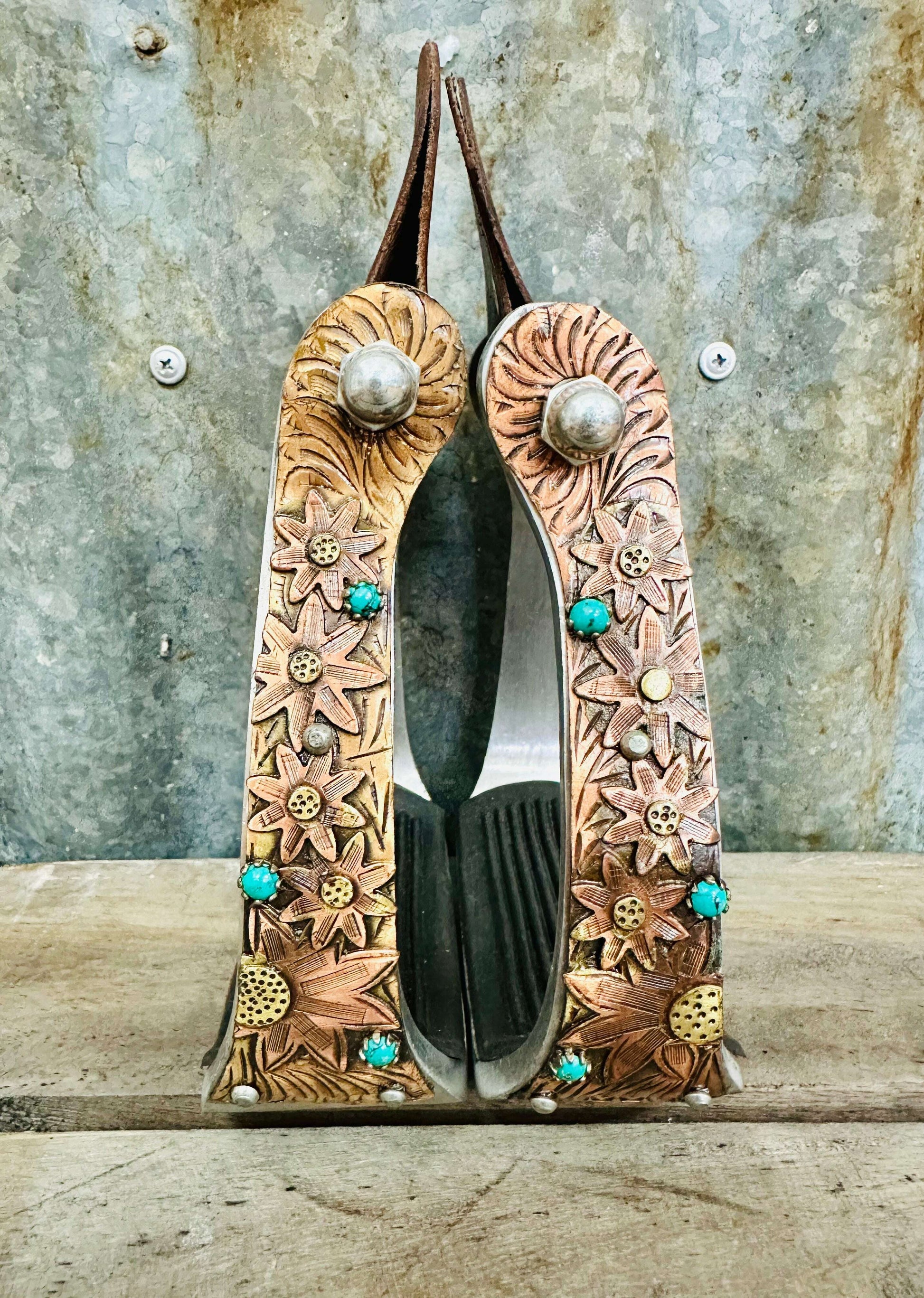 aluminium-copper-flower-stirrups-with-turquoise-stones-stirrups---dustybutts-australia-35929606