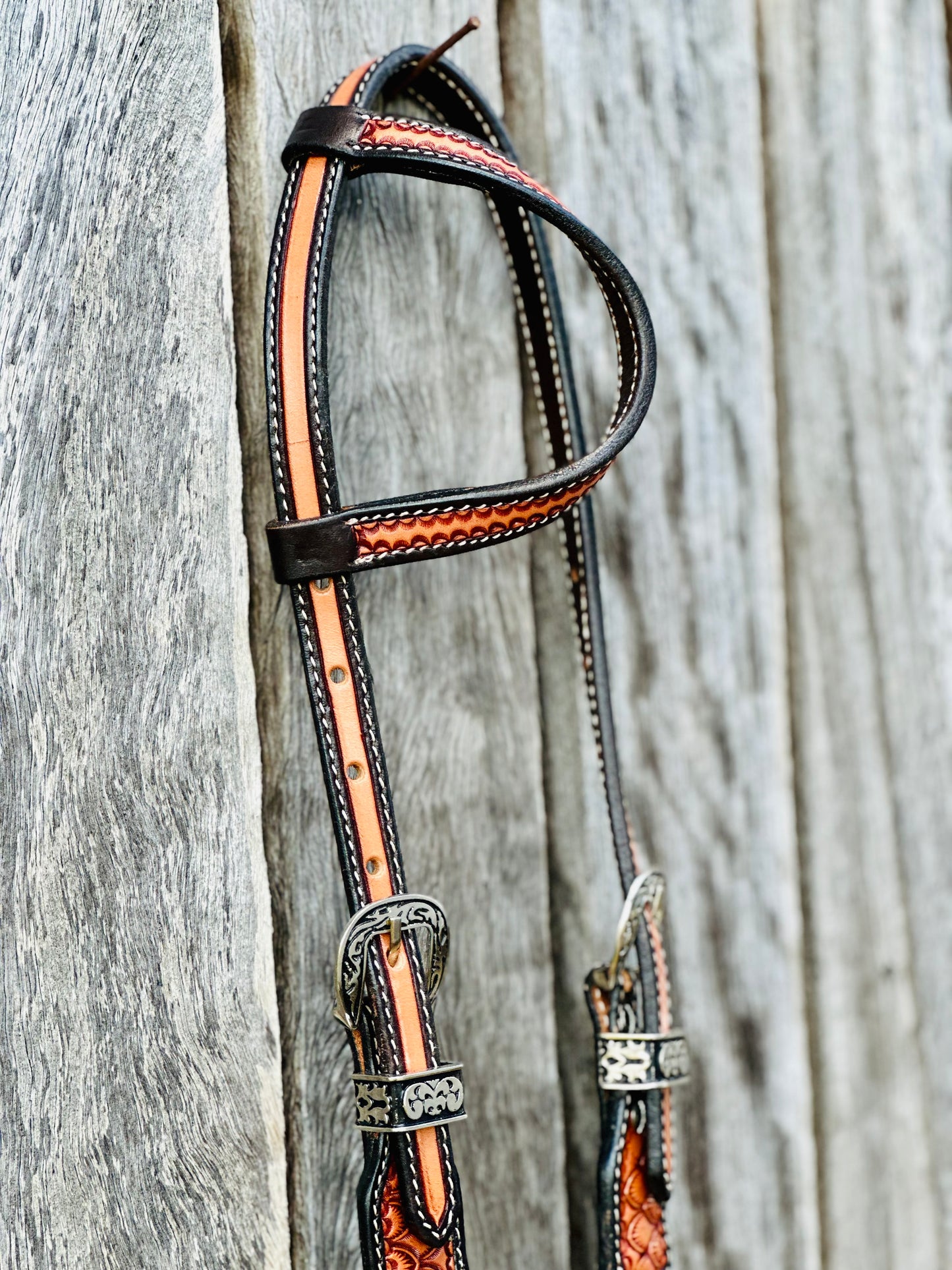 Two Tone Argentina Cow Leather One Ear Bridle with Southwest Beaded Inlays