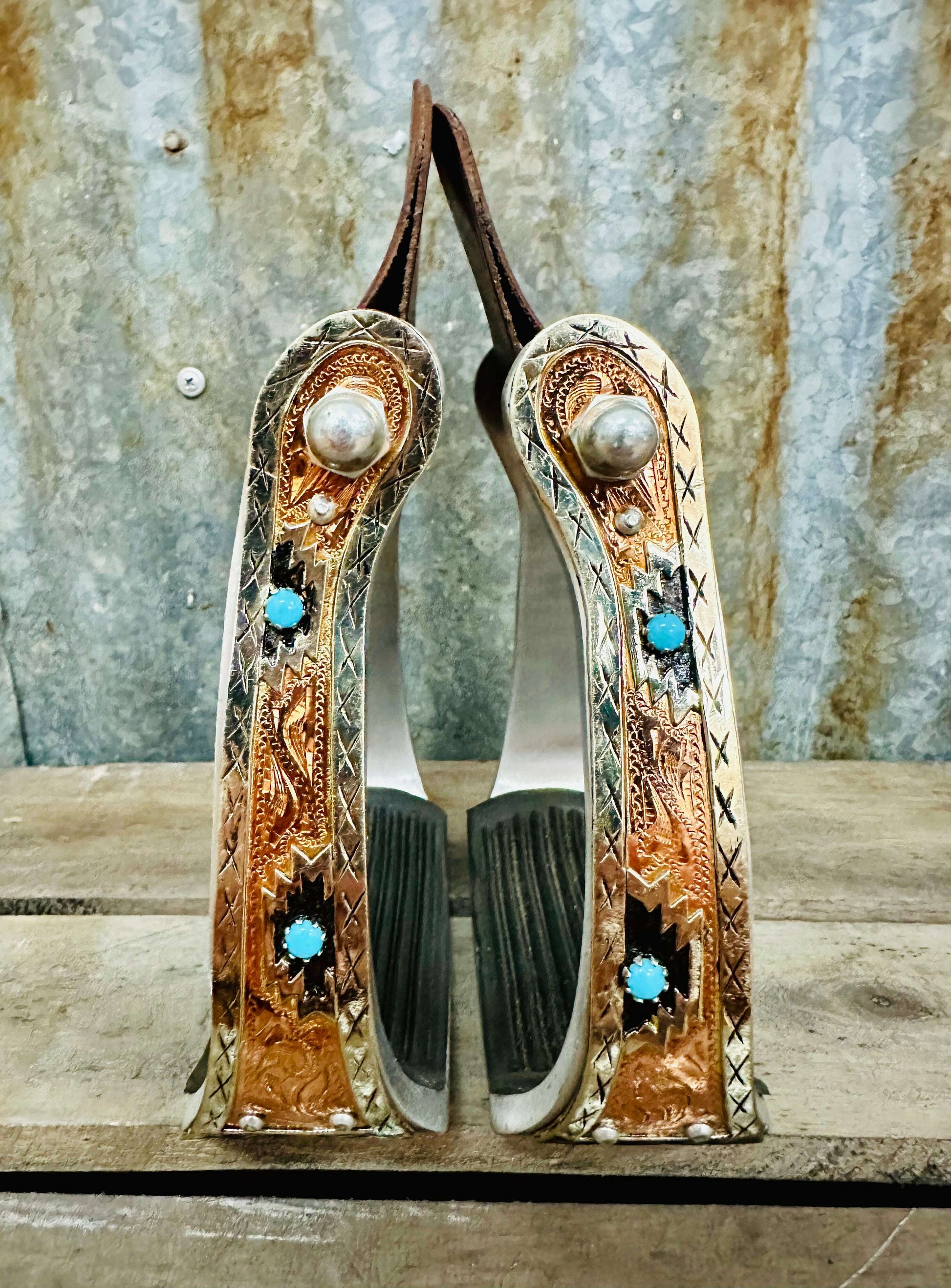 aluminium-copper-aztec-stirrups-with-turquoise-stones-stirrups---dustybutts-australia-35929594