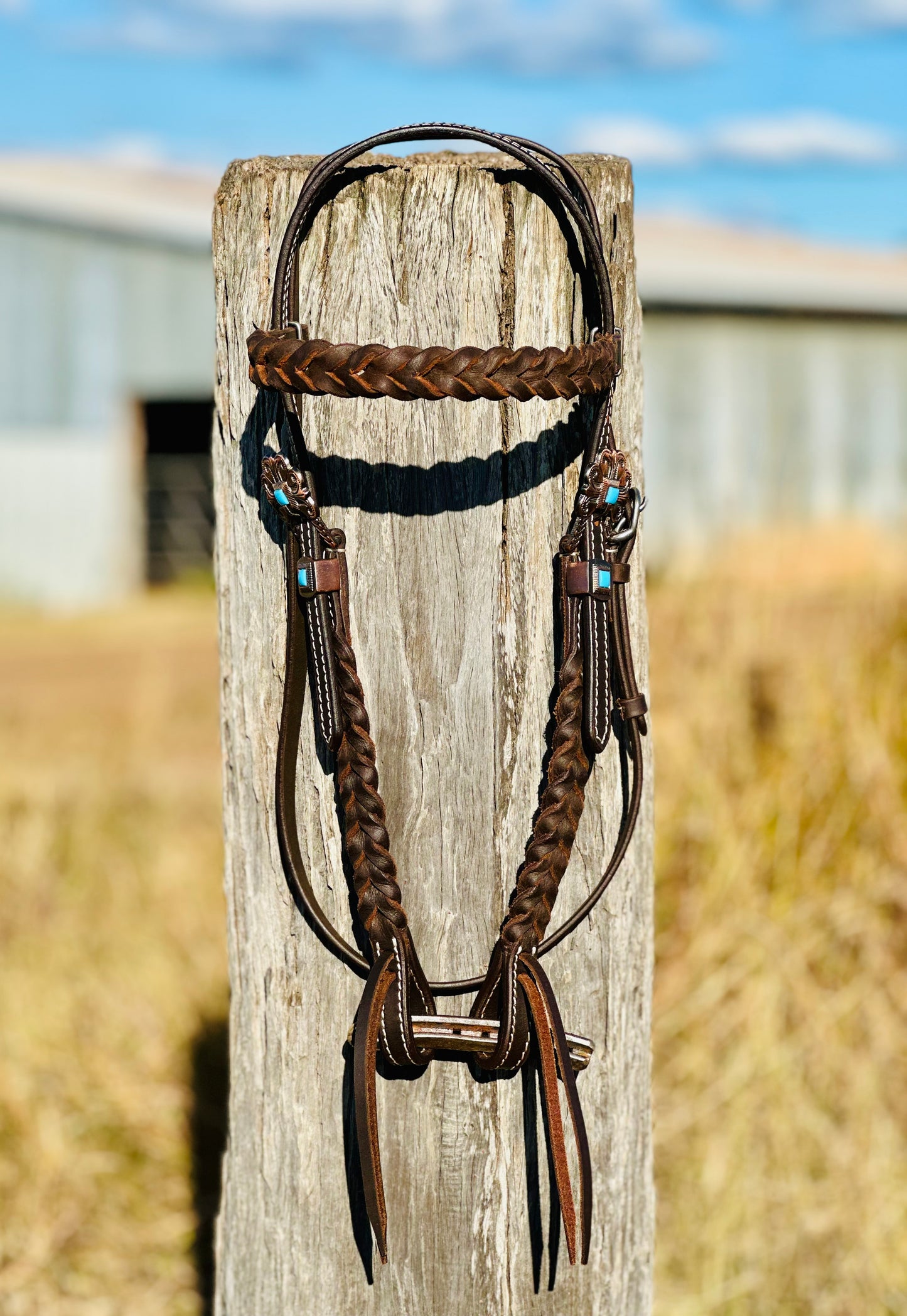 Harness Leather Braided Browband Bridle With Copper Buckle & Turquoise Stone Detail
