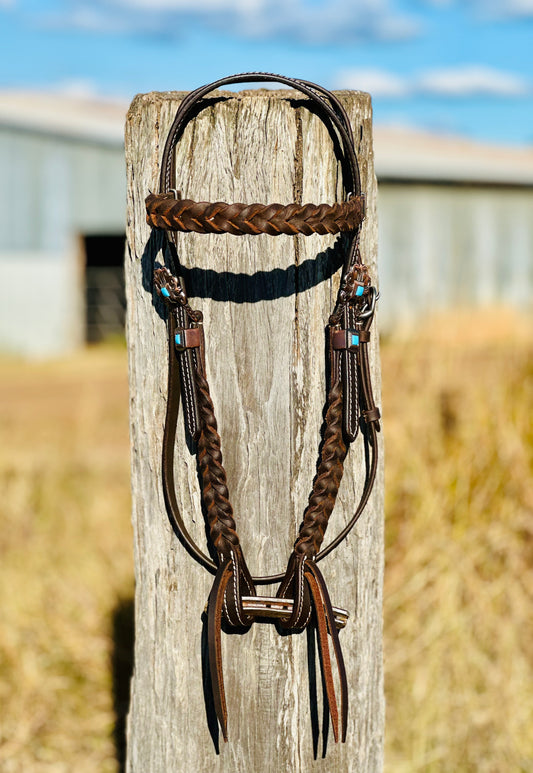 Harness Leather Braided Browband Bridle With Copper Buckle & Turquoise Stone Detail
