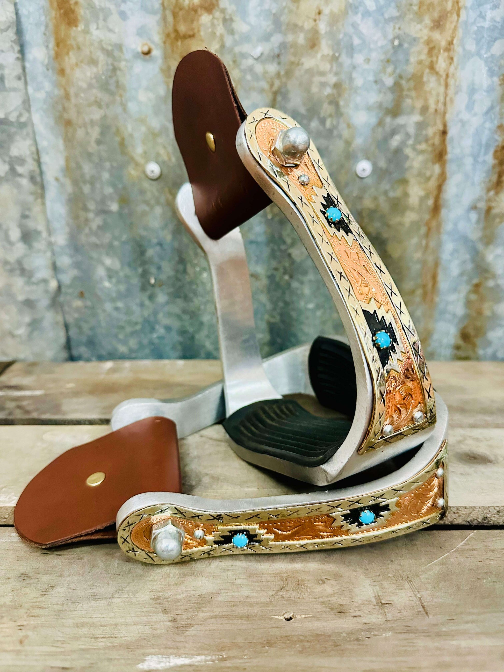 aluminium-copper-aztec-stirrups-with-turquoise-stones-stirrups---dustybutts-australia-35929593