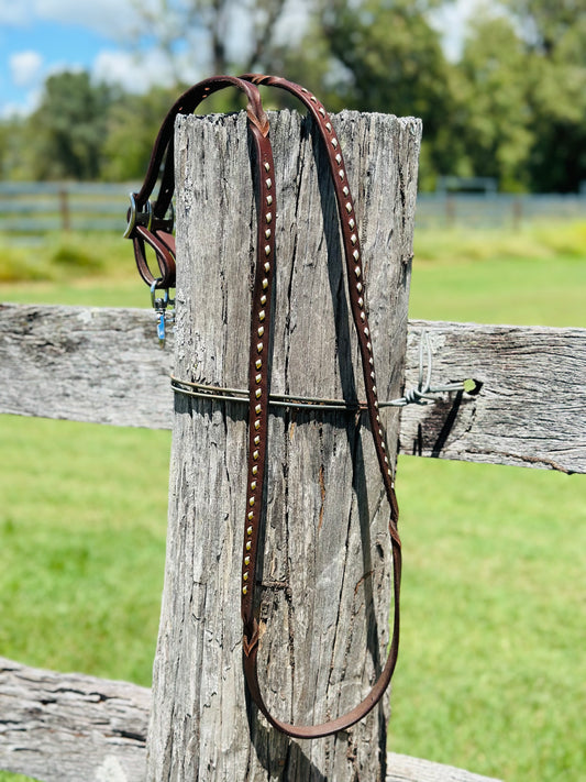 Dustybutts Harness Leather Buckstitch And Bloodknot Barrel Reins - Gold