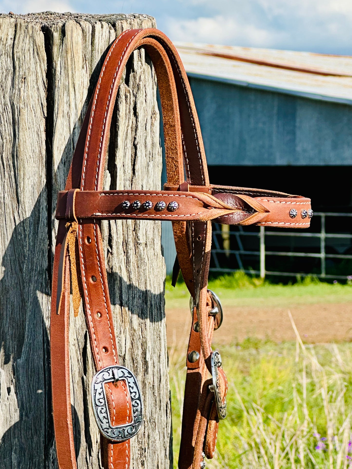 Dustybutts Bloodknot Harness Leather Bridle With Sunspot Studs - Brown