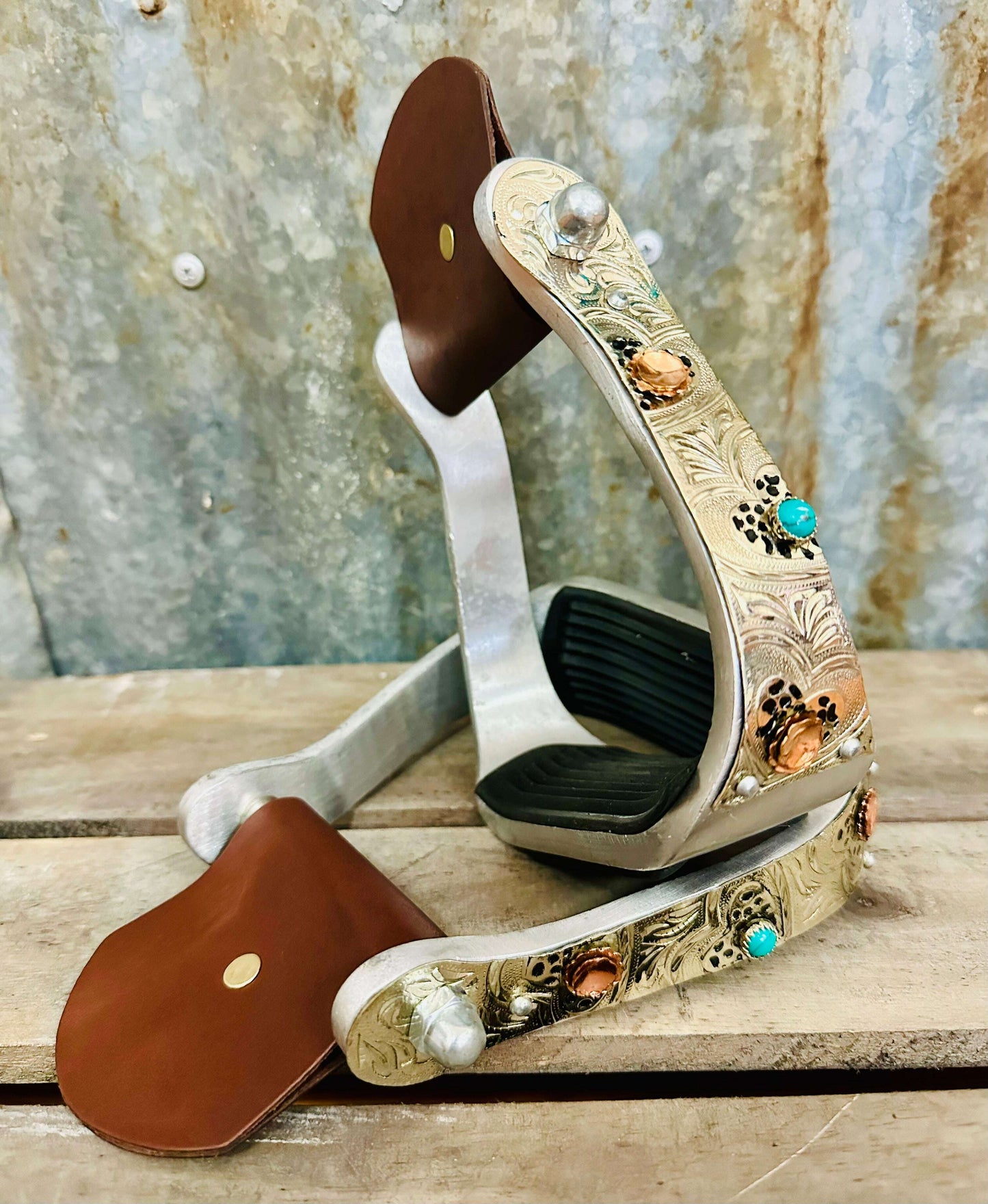 aluminium-stirrups-with-engraved-heart-detailing-and-copper-turquoise-accents-stirrups---dustybutts-australia-35929597