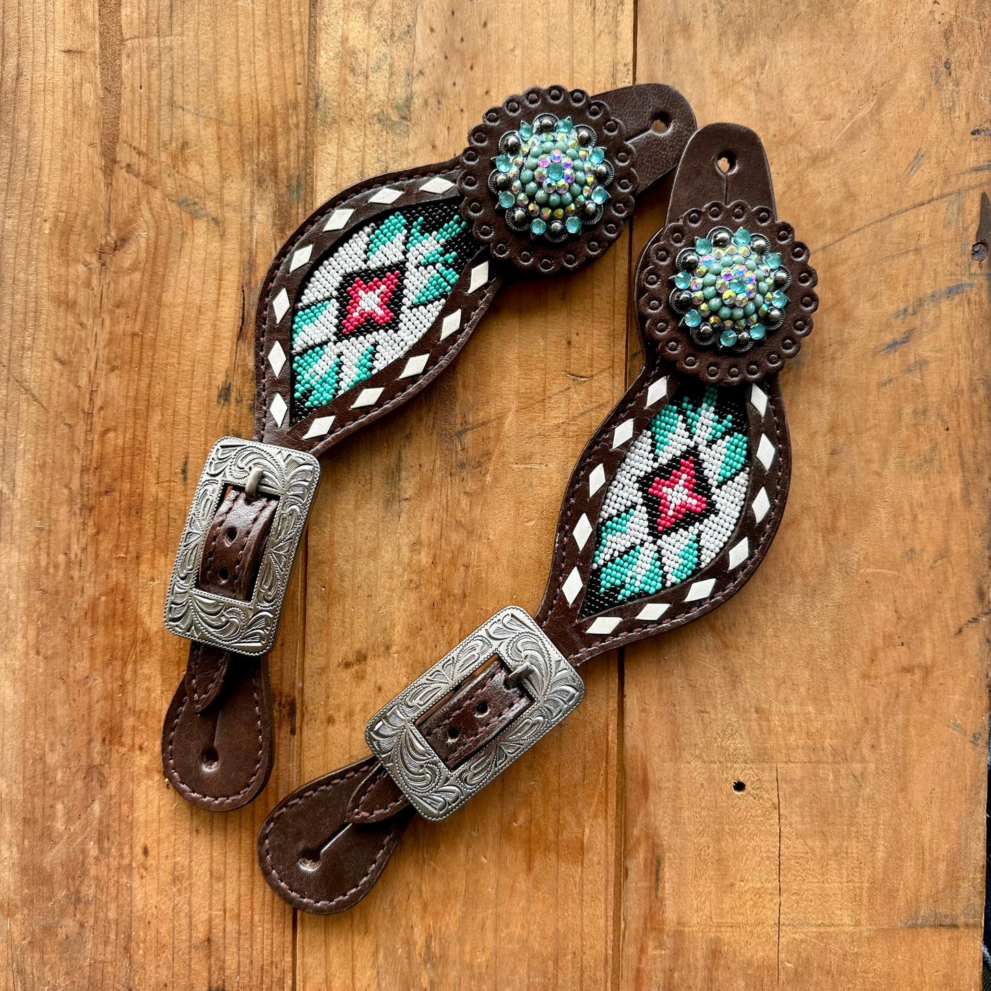 Pink and Teal Beaded Ladies Spur Straps With Bling Conchos