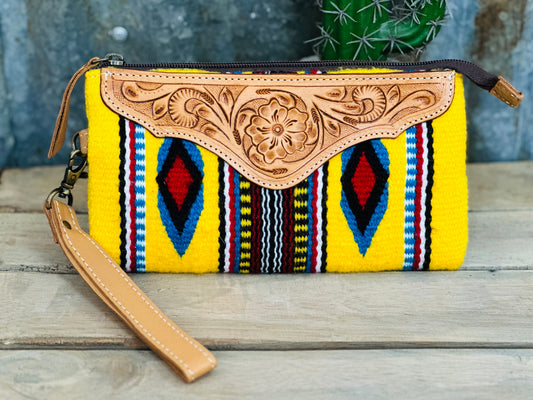 Yellow Saddle Blanket Clutch with Brown Tooling Details