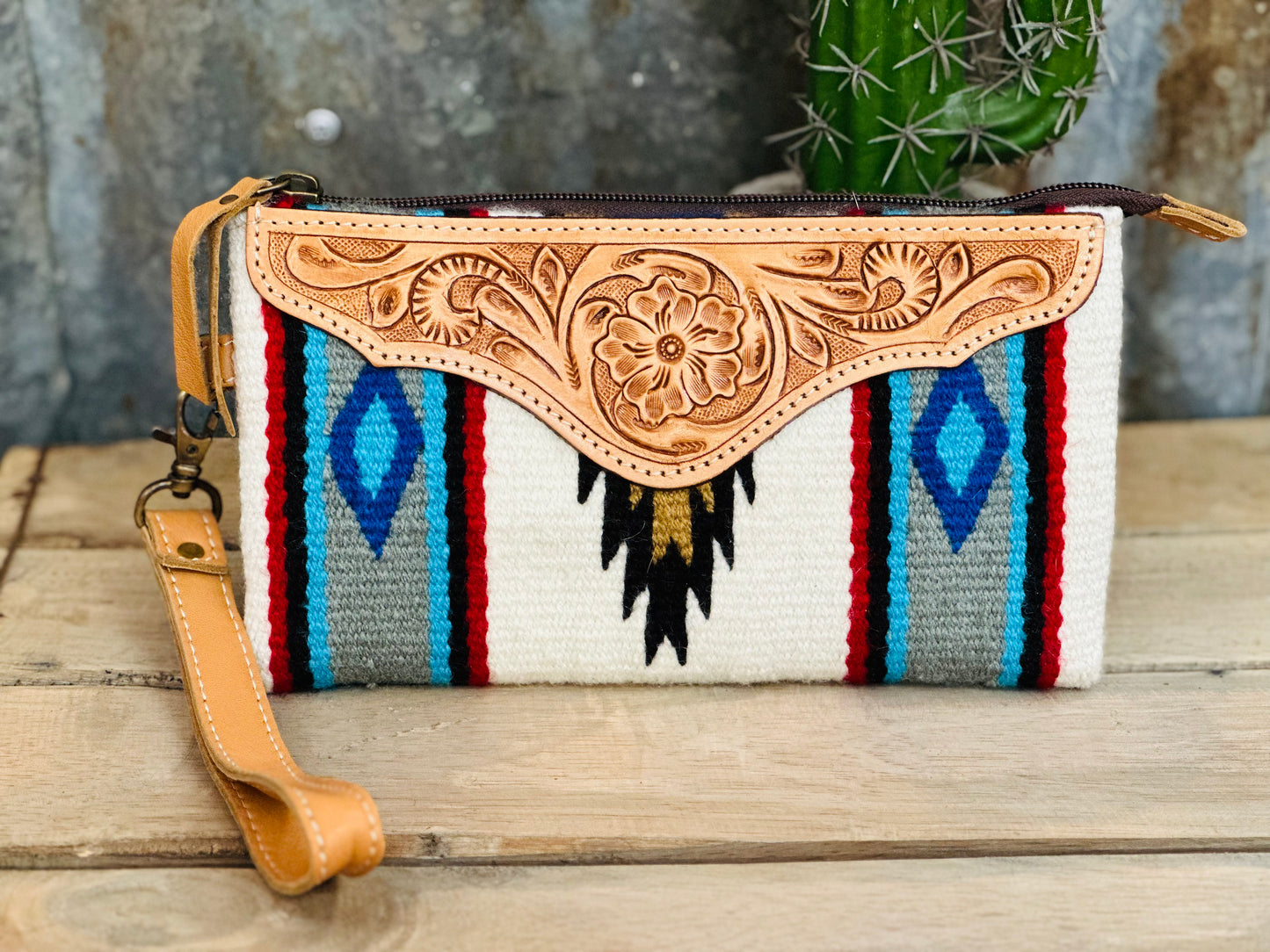 White Saddle Blanket Clutch with Brown Tooling Details