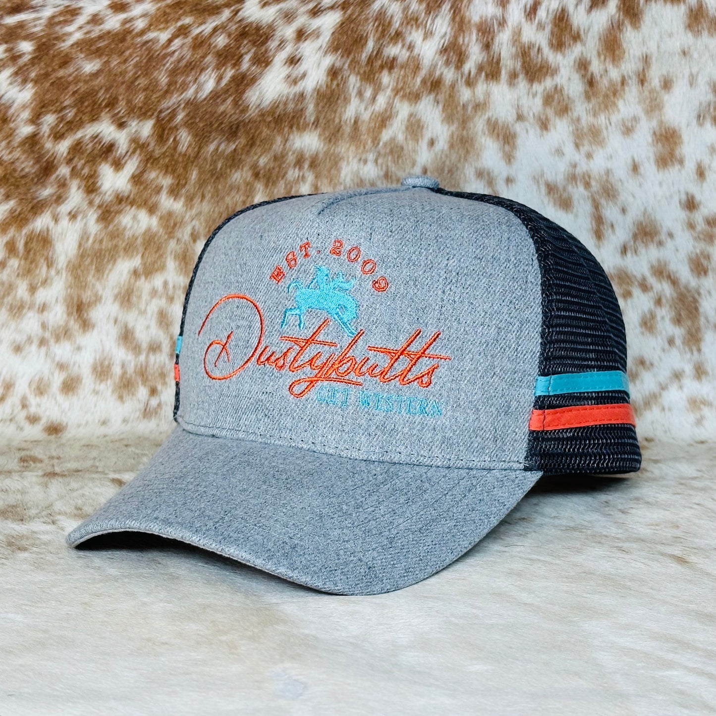Dustybutts Trucker Cap // Ponytail // Grey, Coral & Turquoise