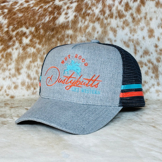 Dustybutts Trucker Cap // Ponytail // Grey, Coral & Turquoise