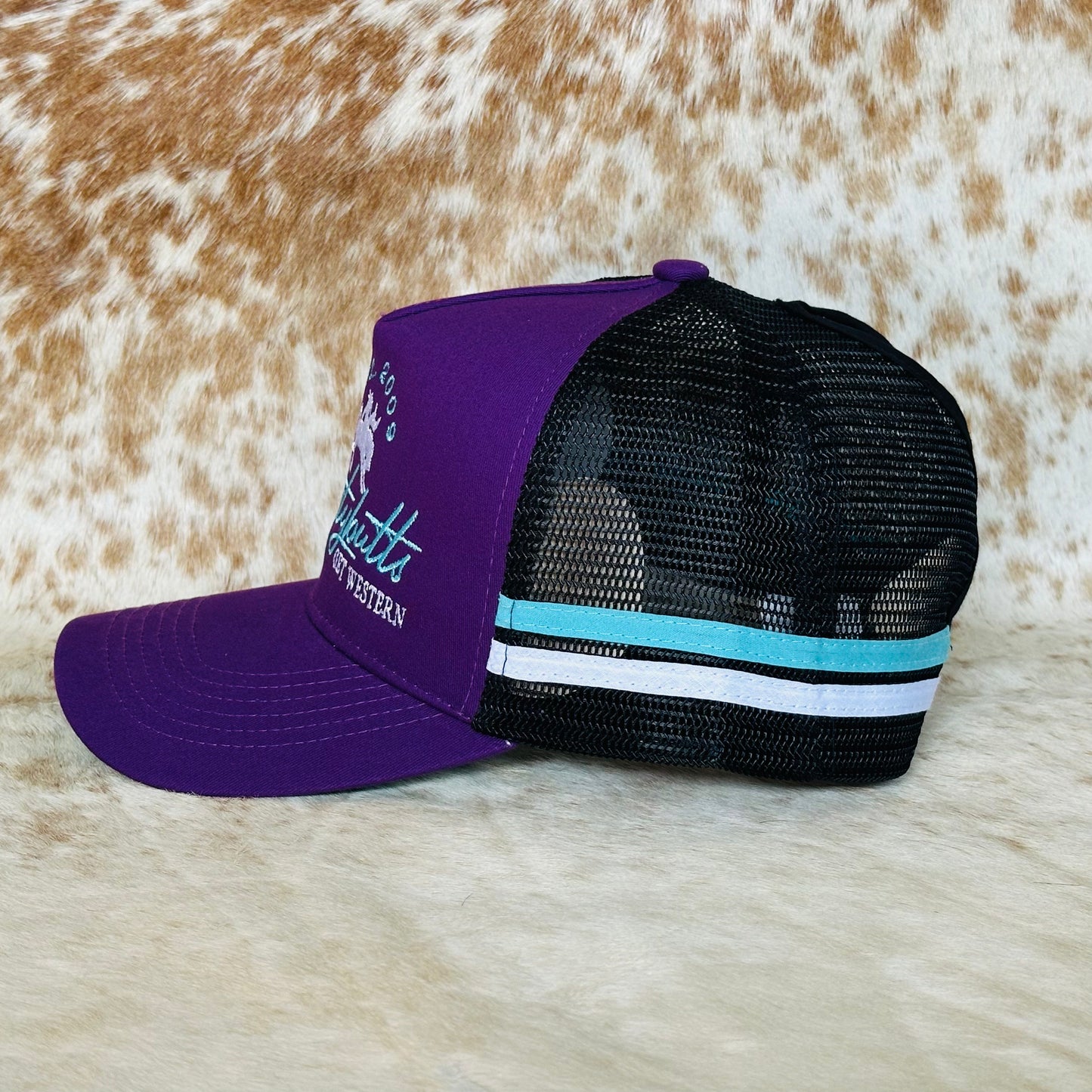Dustybutts Trucker Cap // Ponytail // Purple, White & Turquoise