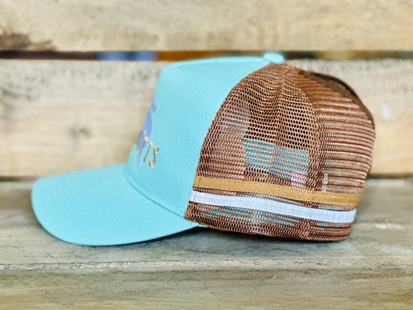 Dustybutts Trucker Cap // Ponytail // Turquoise & Brown