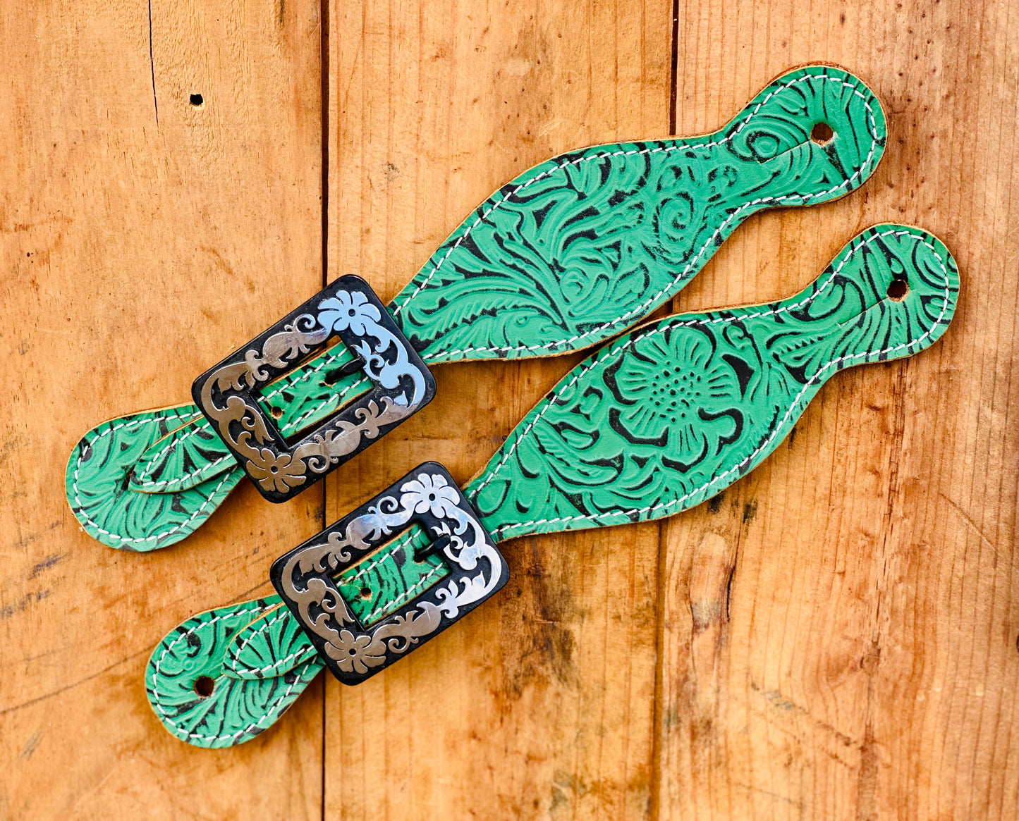 Dustybutts Teal Filigree Leather Spur Straps // Antique Floral Buckles