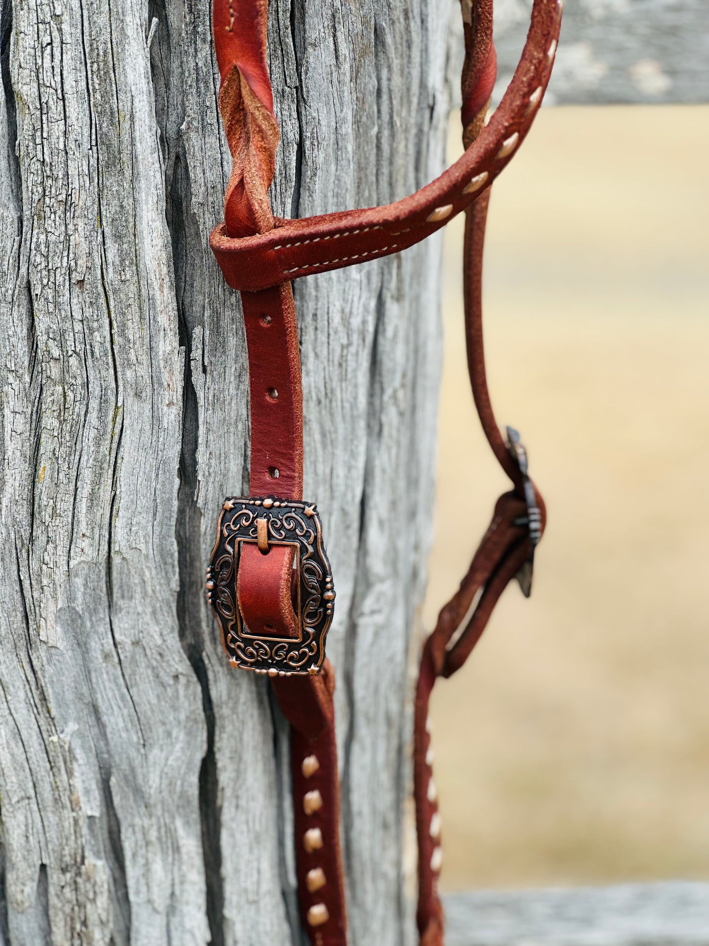 Harness Leather Buckstitch And Bloodknot One Eared Bridle - Metallic Gold