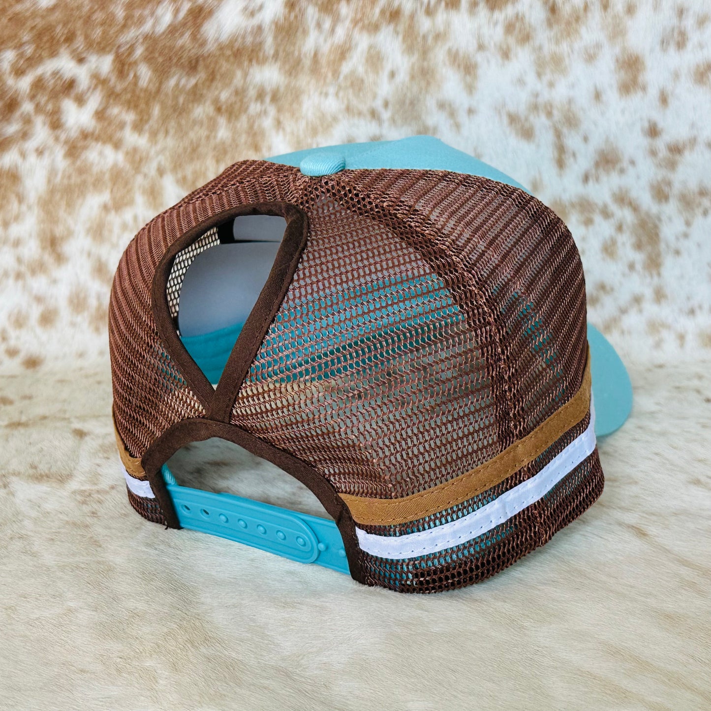 Dustybutts Trucker Cap // Ponytail // Teal & Brown