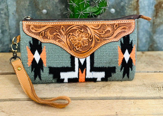 Grey Saddle Blanket Clutch with Brown Tooling Details
