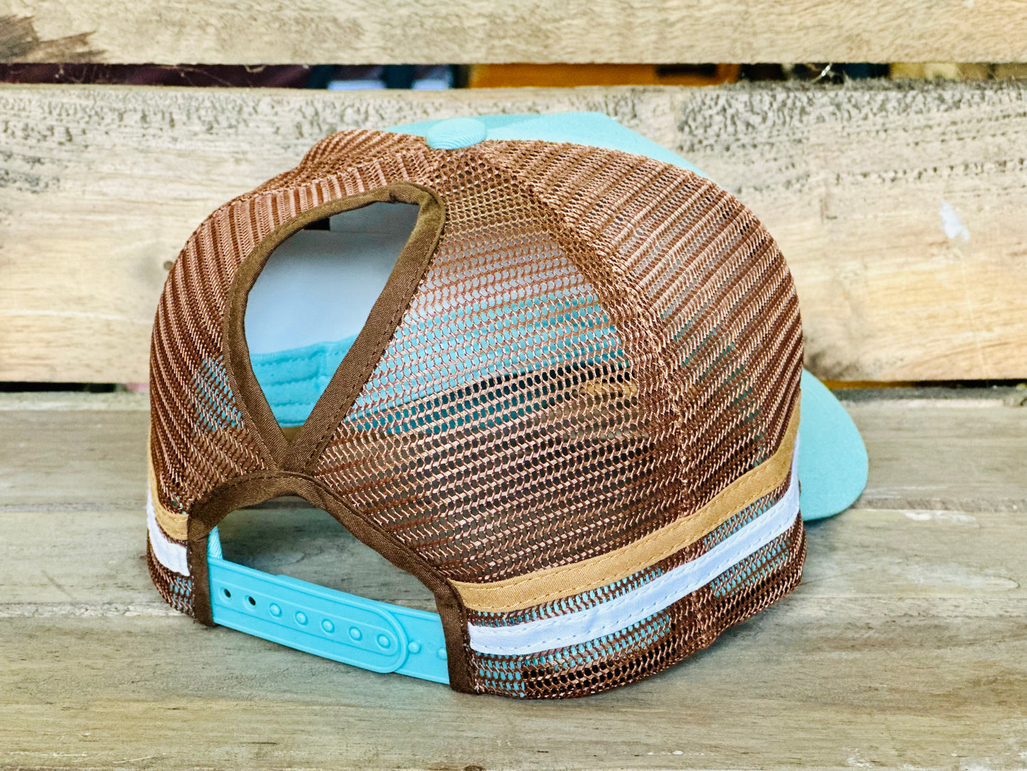 Dustybutts Trucker Cap // Ponytail // Turquoise & Brown