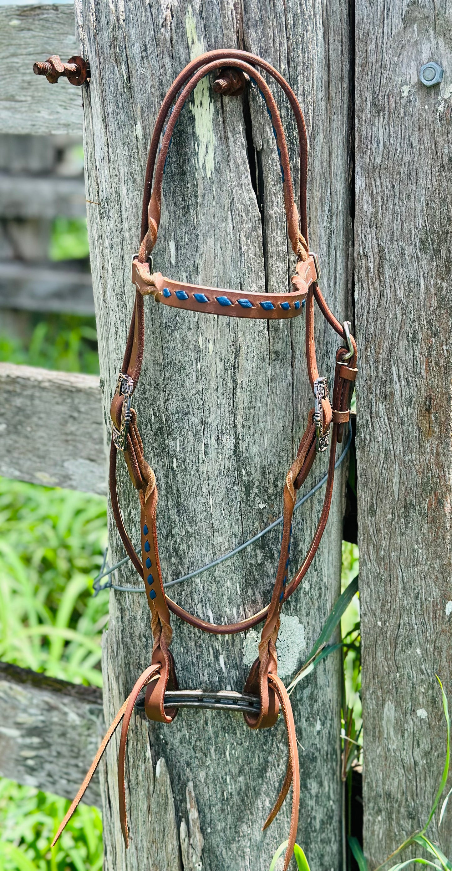 Dustybutts Harness Leather Buckstitch And Bloodknot Browband Bridle - Blue