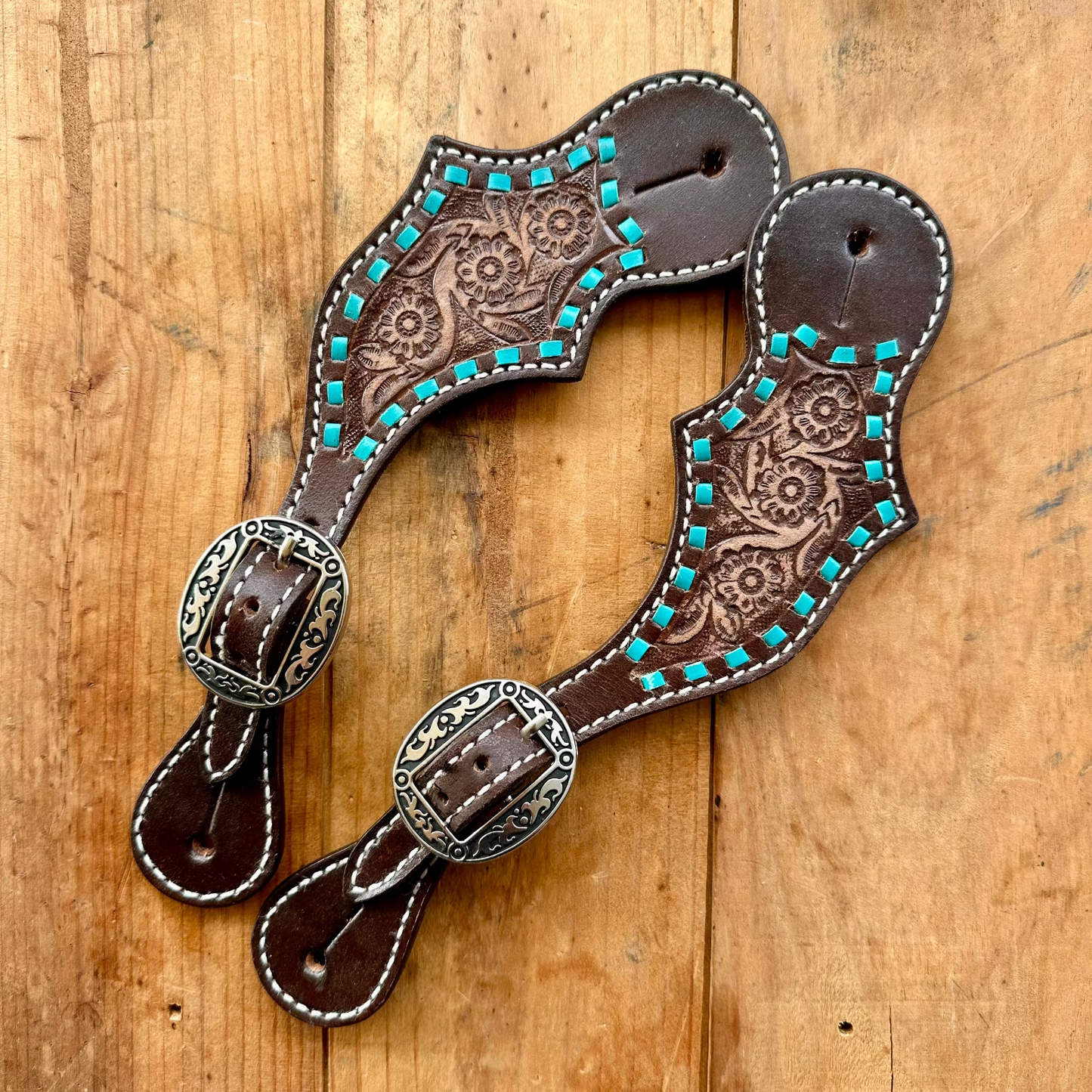 Leather Spur Straps With Floral Design & Teal Buckstitch