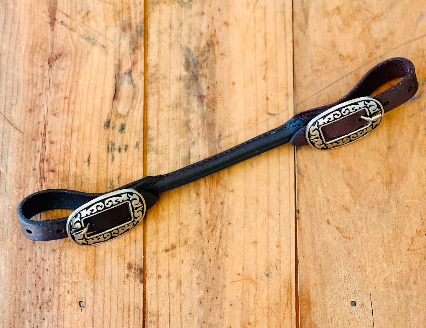 Dustybutts Rolled Leather Curb Strap With Floral Engraved Buckle