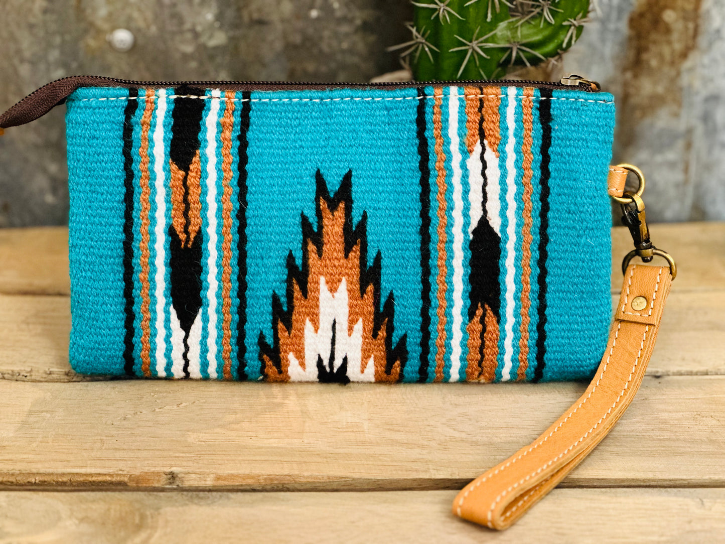 Turquoise Saddle Blanket Clutch with Brown Tooling Details