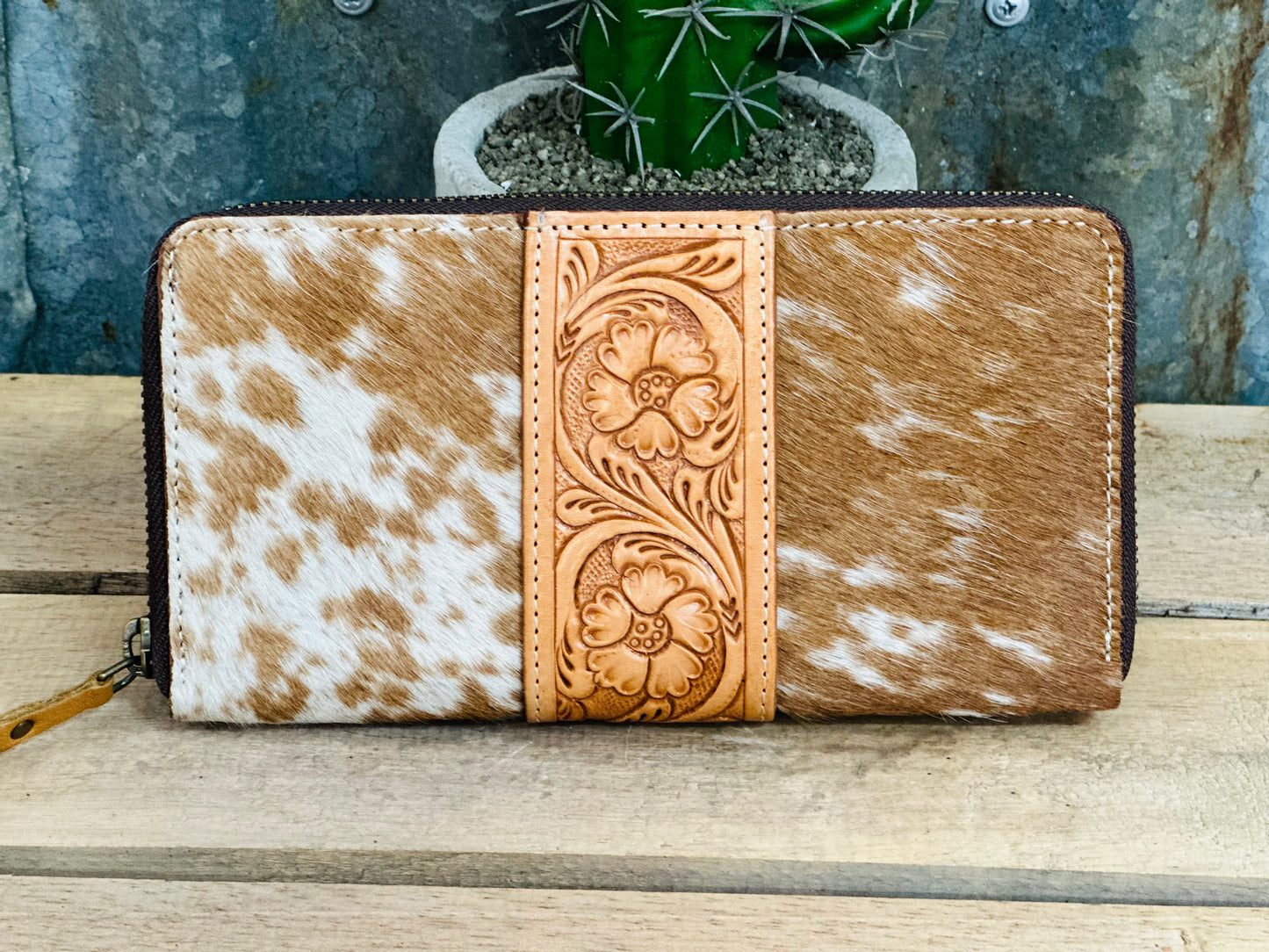 Cowhide Zippered Wallet With Tooling