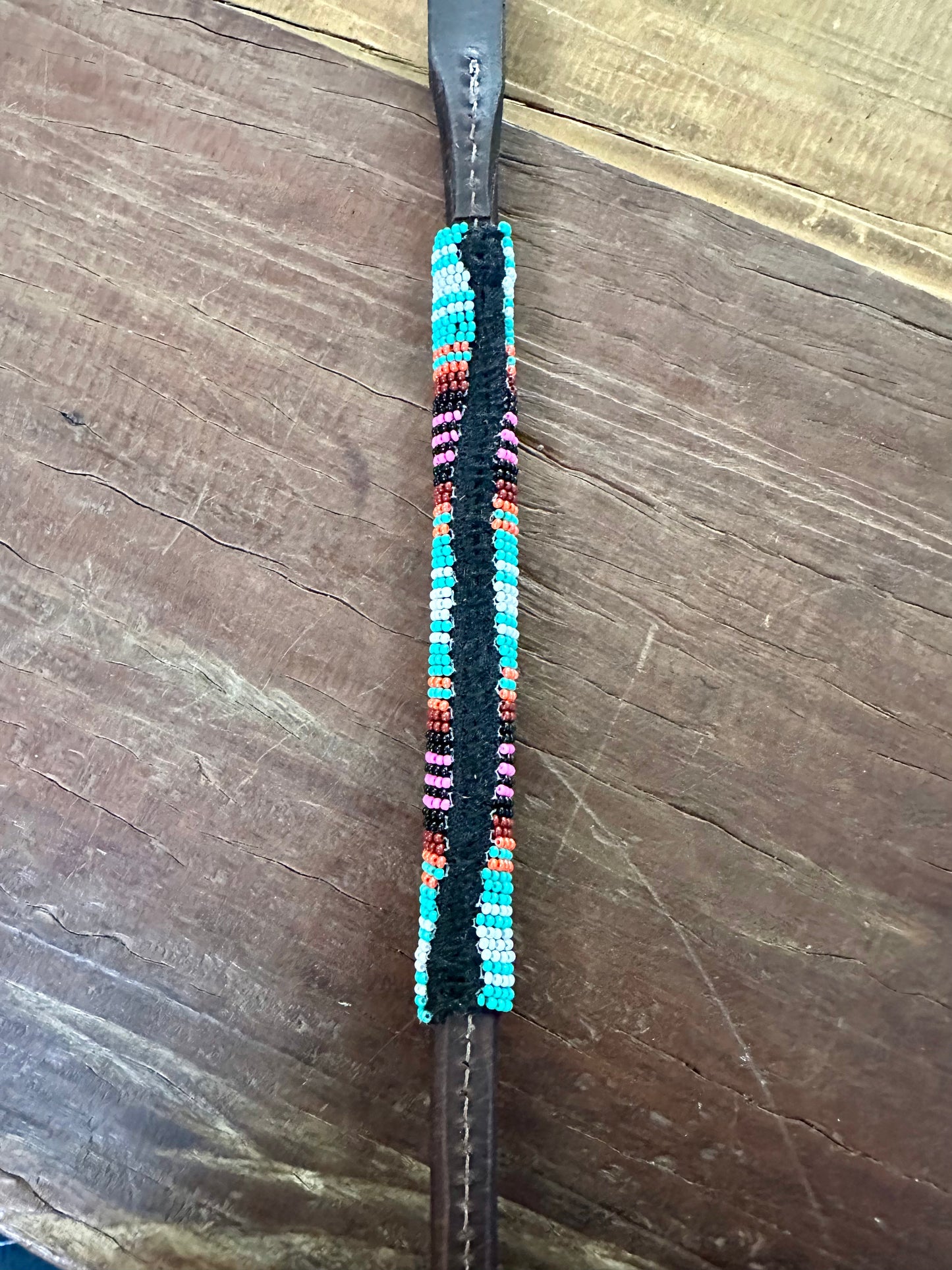 Seconds // Dustybutts Beaded Rolled Harness Leather Quirt / Turquoise Serape