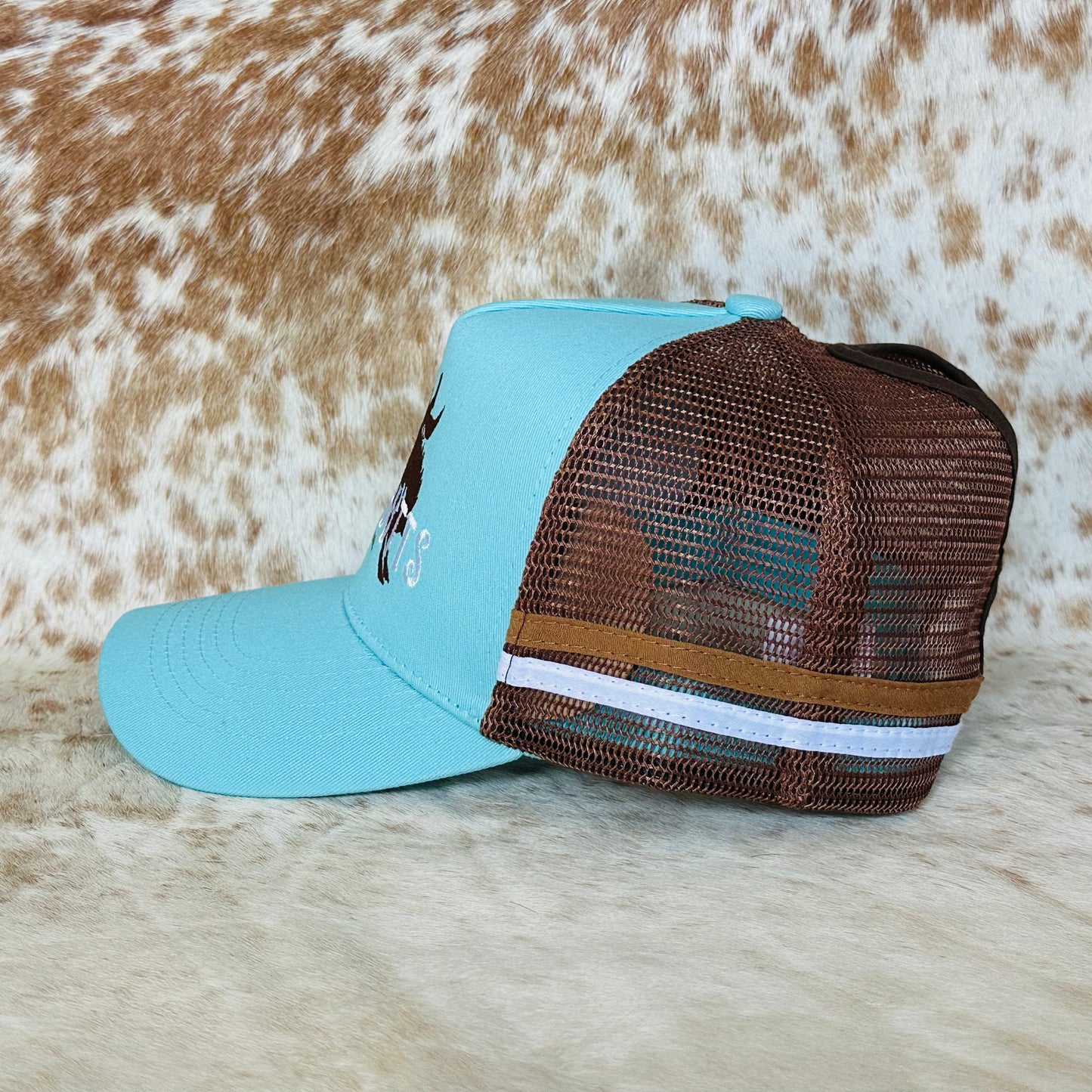 Dustybutts Trucker Cap // Ponytail // Teal & Brown