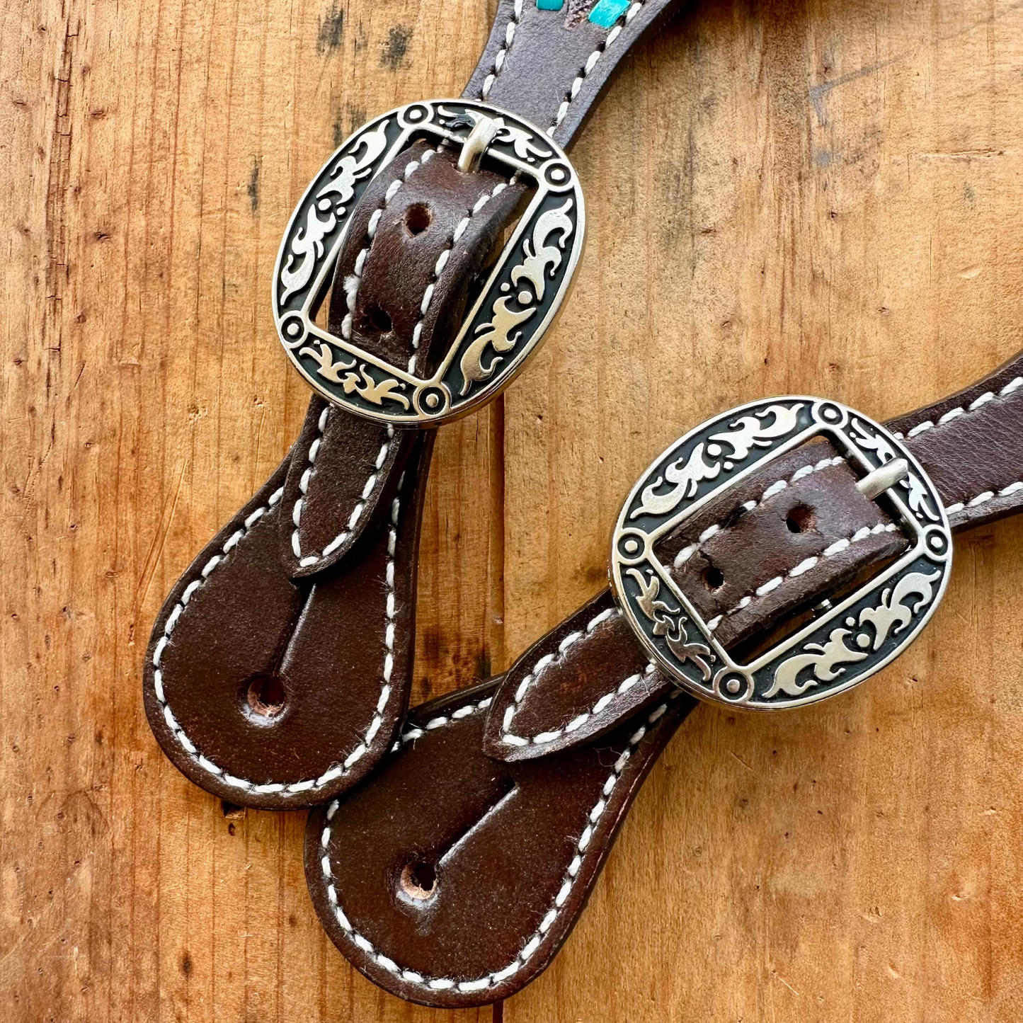 Leather Spur Straps With Floral Design & Teal Buckstitch