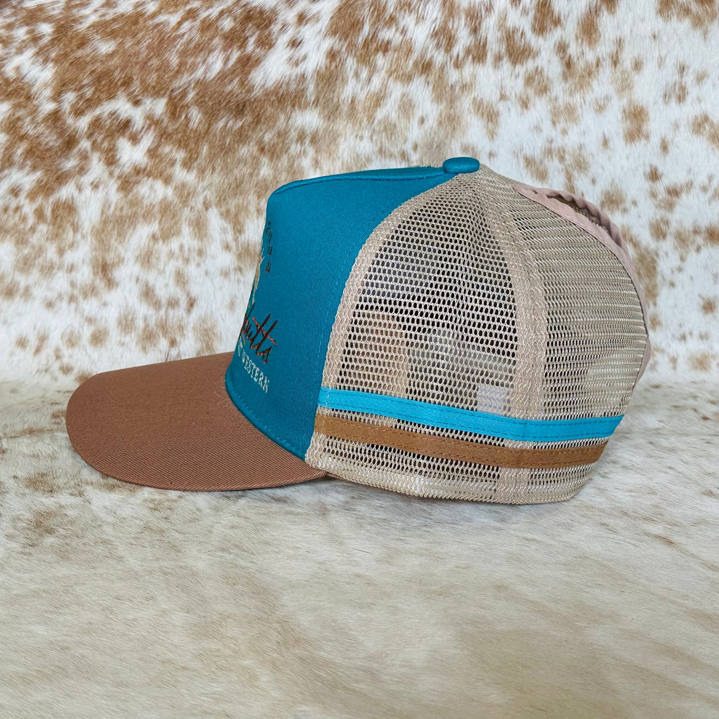 Dustybutts Trucker Cap // Ponytail // Teal, Leopard & Tan