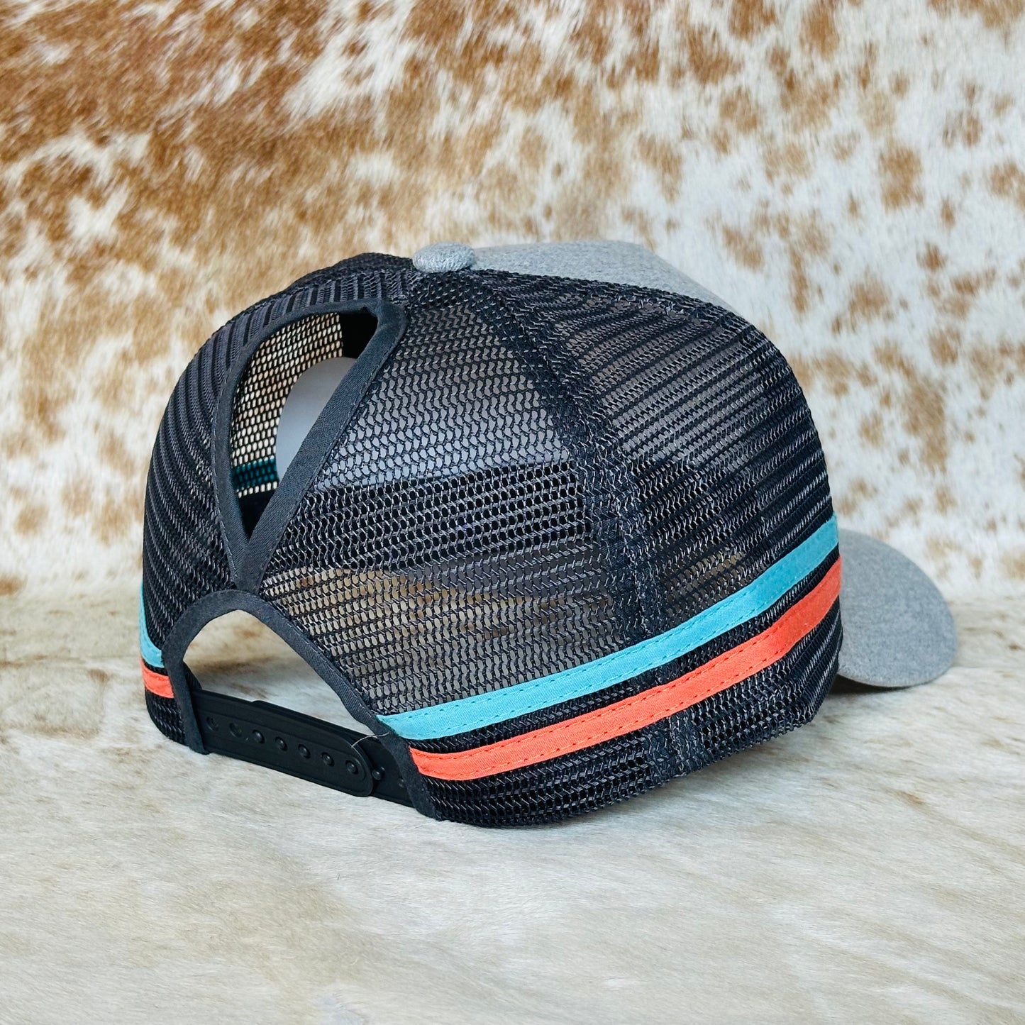 Dustybutts Trucker Cap // Ponytail // Grey, Coral & Turquoise