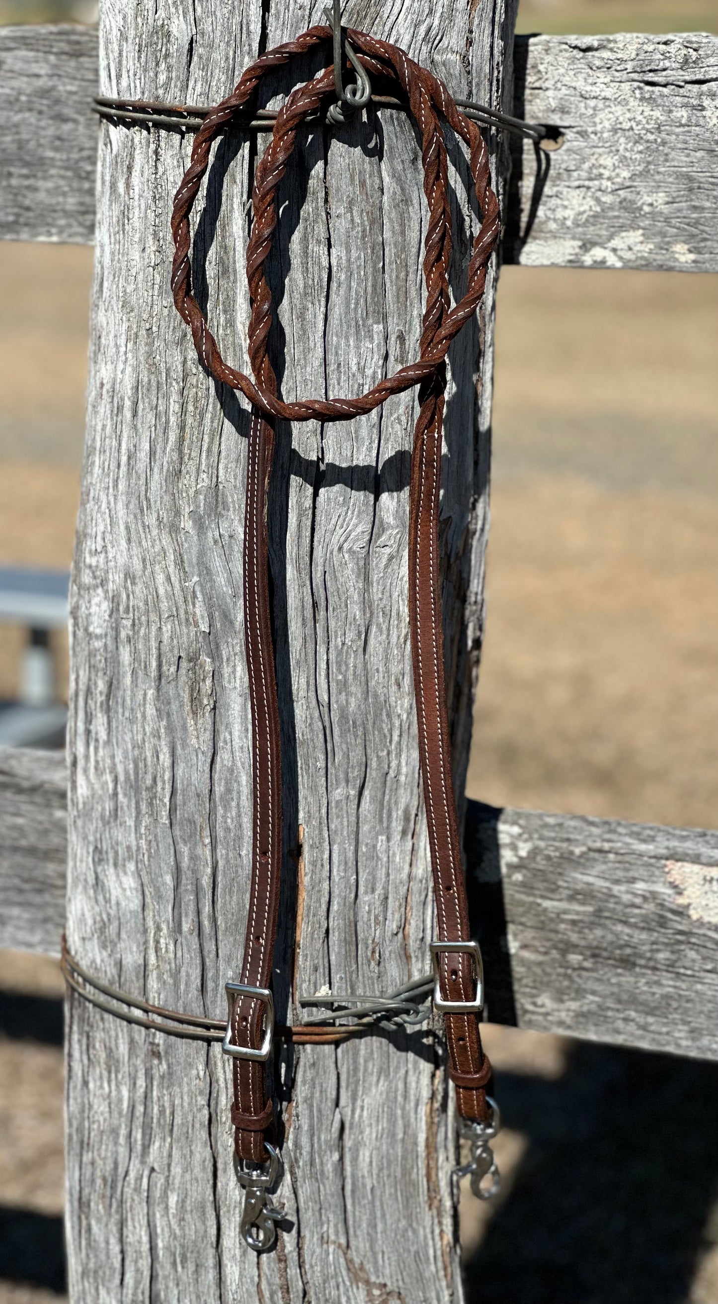Harness Leather Double Stitched Twisted Bloodknot Barrel Reins
