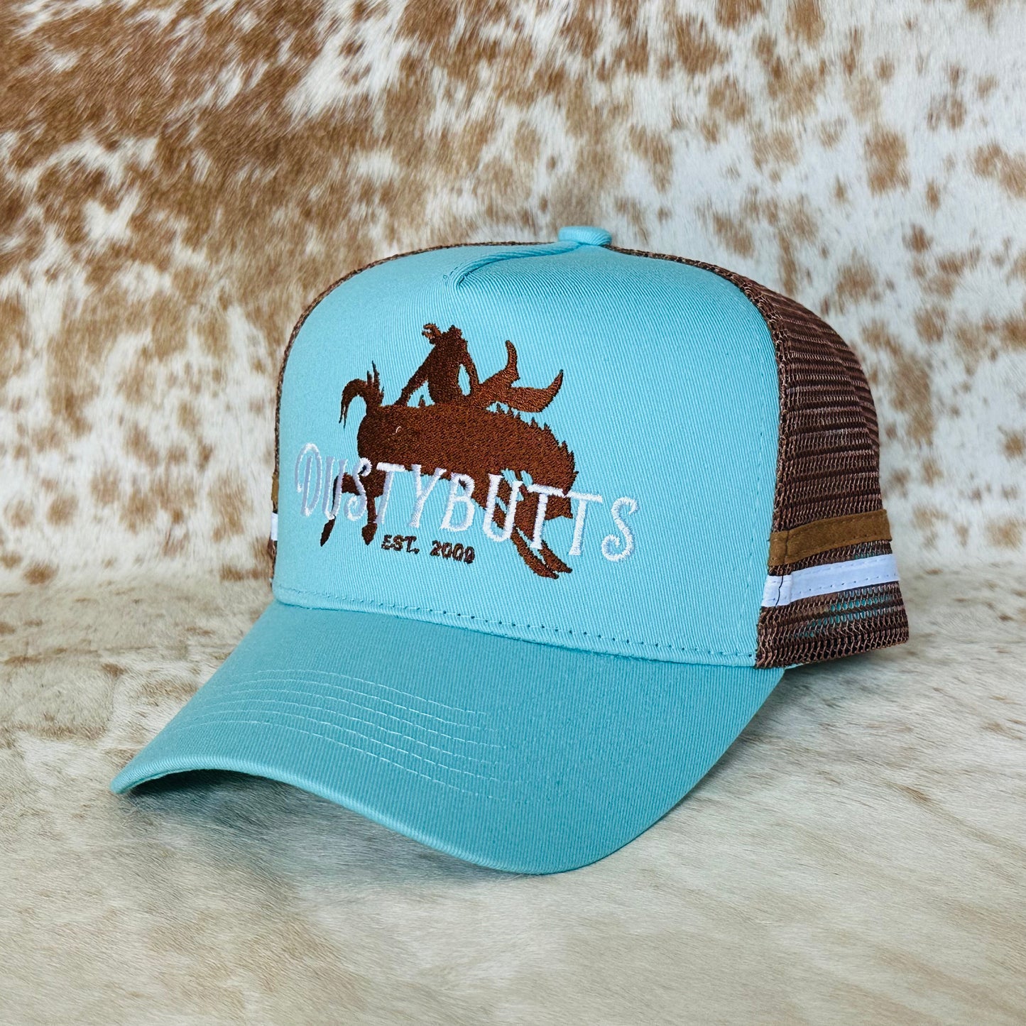 Dustybutts Trucker Cap // Ponytail // Teal & Brown
