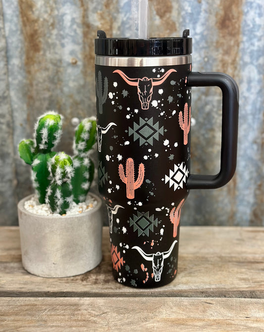 40oz Aztec Tumbler // Bullskull & Cactus