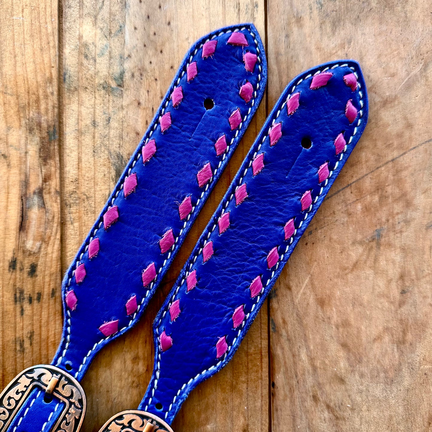 Indigo Leather Spur Straps With Pink Buckstitch