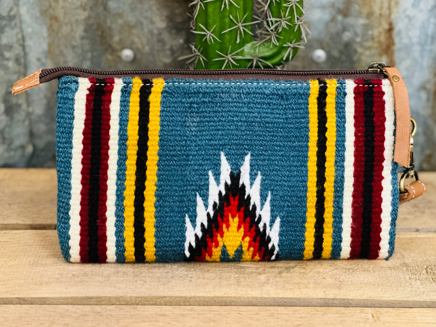 Blue Saddle Blanket Clutch with Brown Tooling Details