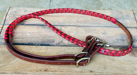 Dustybutts Harness Leather Laced Barrel Racing Reins // Red