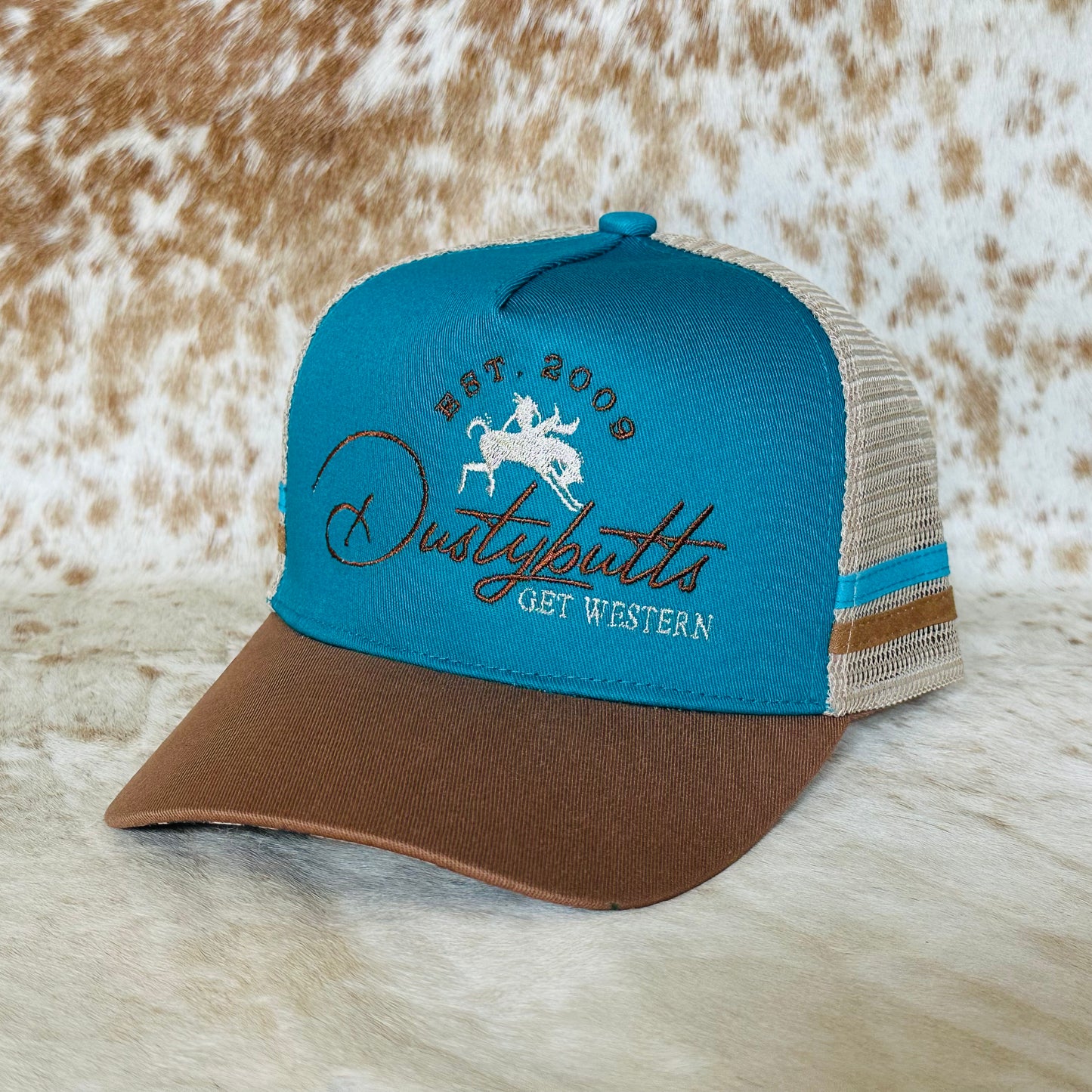 Dustybutts Trucker Cap // Ponytail // Teal, Leopard & Tan