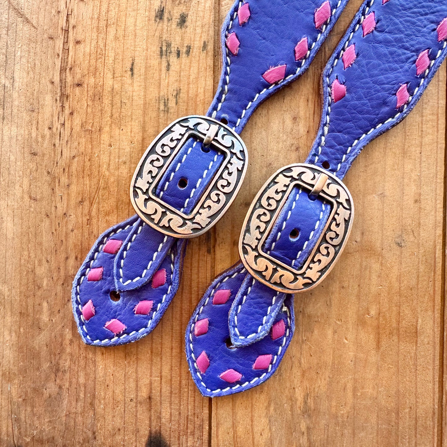 Indigo Leather Spur Straps With Pink Buckstitch