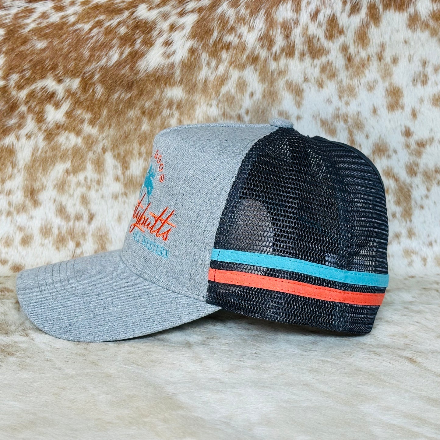 Dustybutts Trucker Cap // Ponytail // Grey, Coral & Turquoise