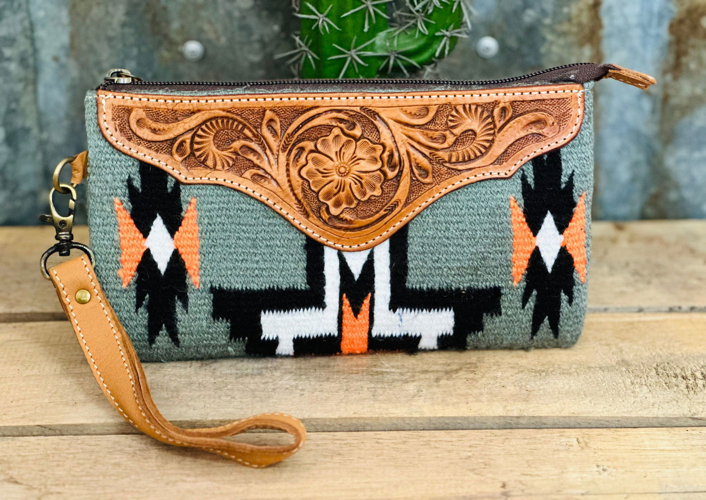 Grey Saddle Blanket Clutch with Brown Tooling Details - Dustybutts Australia