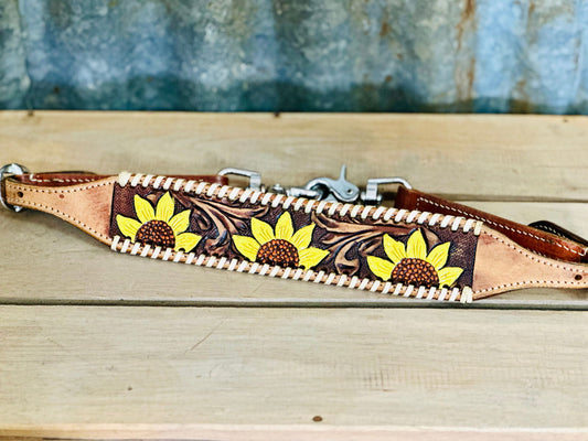 Handpainted Sunflower Wither Strap With Natural Buckstitch -  - Dustybutts Australia