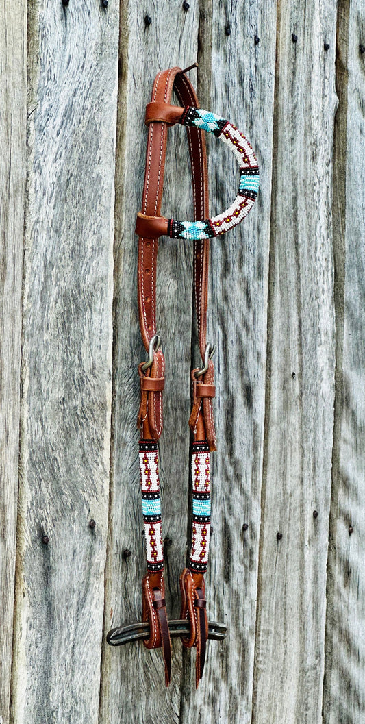 Harness Leather One Eared Beaded Bridle // Turquoise, Black, Maroon & White - Dustybutts Australia
