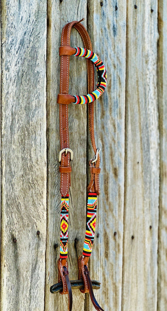 Harness Leather One Eared Beaded Bridle // Turquoise, Red, Black & Yellow - Dustybutts Australia