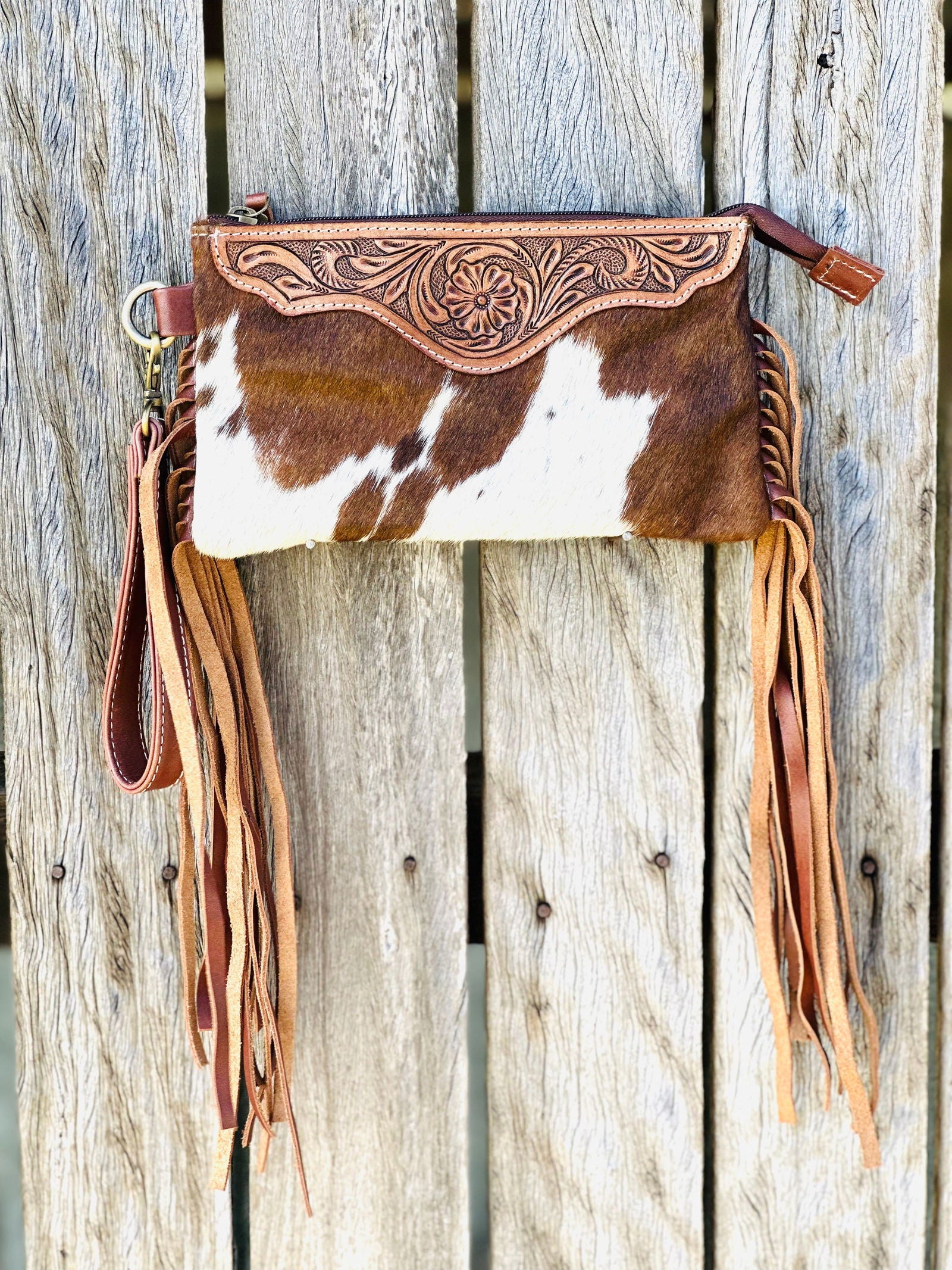 Homer & Hide Cowhide Clutch with Tassels & Tooling Details - Bags - Dustybutts Australia