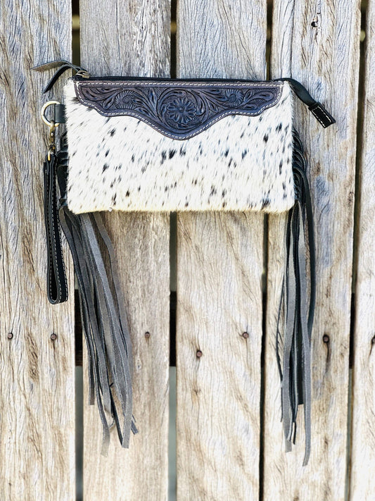 Homer & Hide Cowhide Clutch with Tassels & Tooling Details - Dustybutts Australia