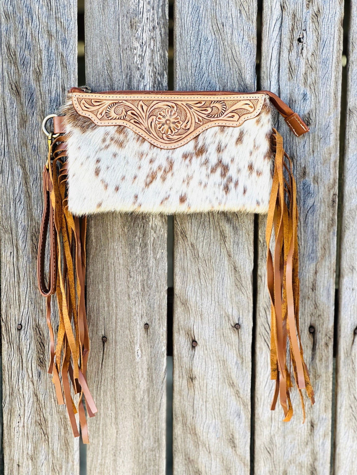 Homer & Hide Cowhide Clutch with Tassels & Tooling Details - Bags - Dustybutts Australia