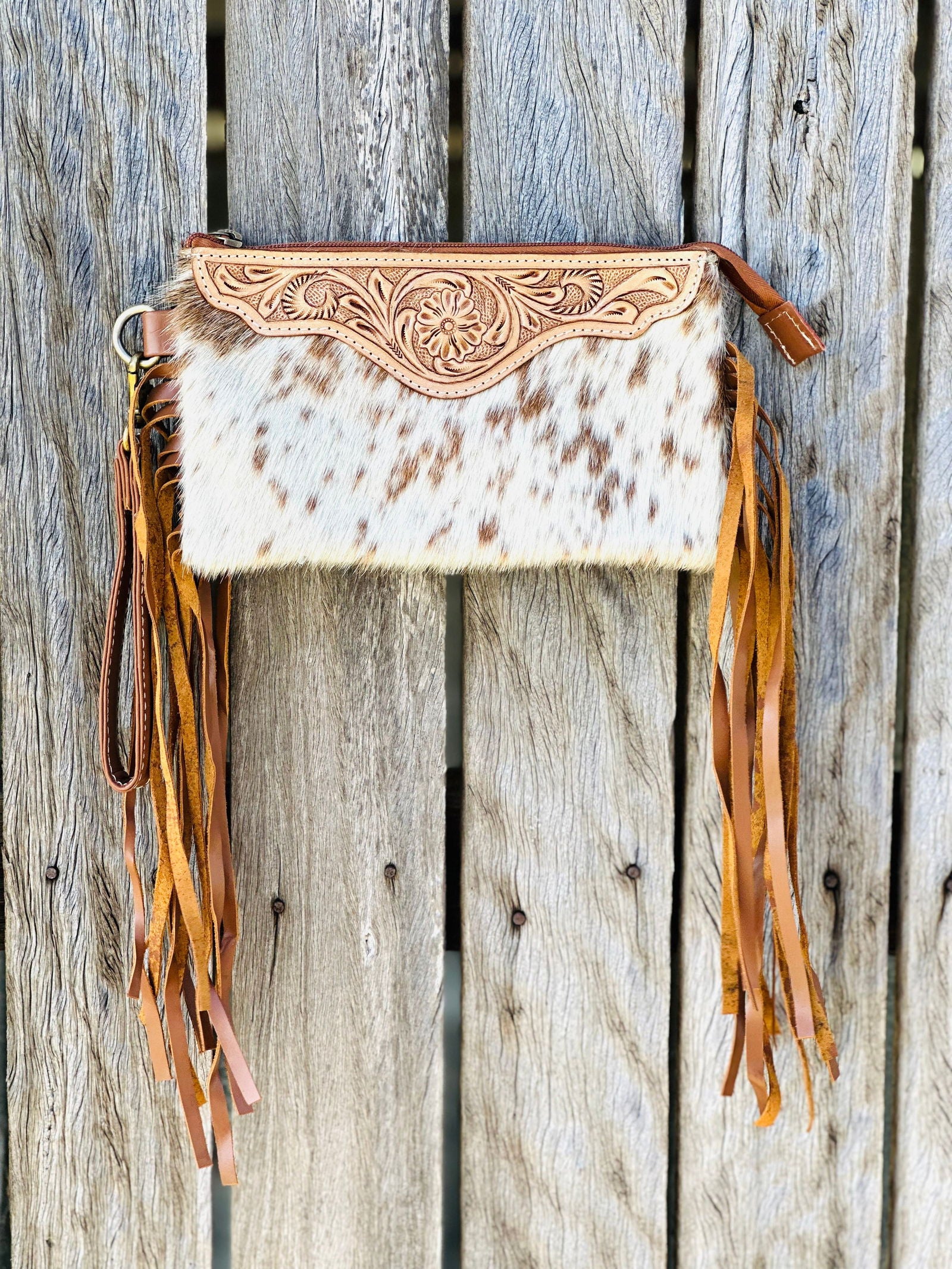 Homer & Hide Cowhide Clutch with Tassels & Tooling Details - Bags - Dustybutts Australia